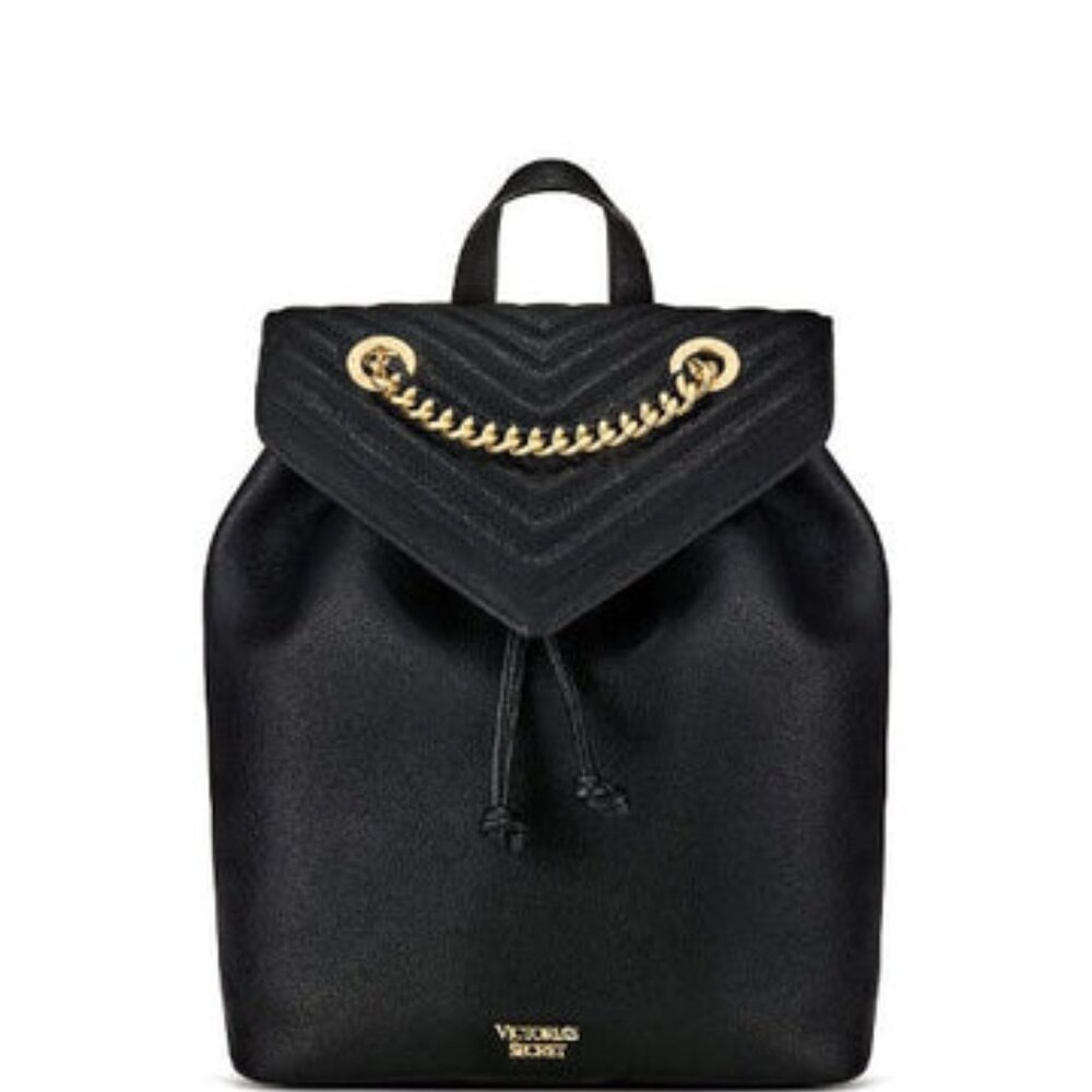Victoria's Secret | Pebbled V-Quilt | Angel Backpack | Black with Gold Chains